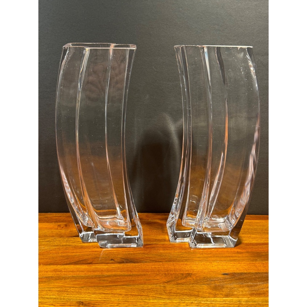 Pair of Polish Style Heavy Glass Curved Sculptural Vases